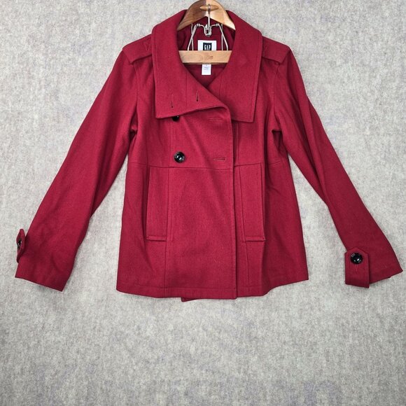 Gap Red Wool Blend Double Breasted Pea Coat Womens Size L - Picture 1 of 5